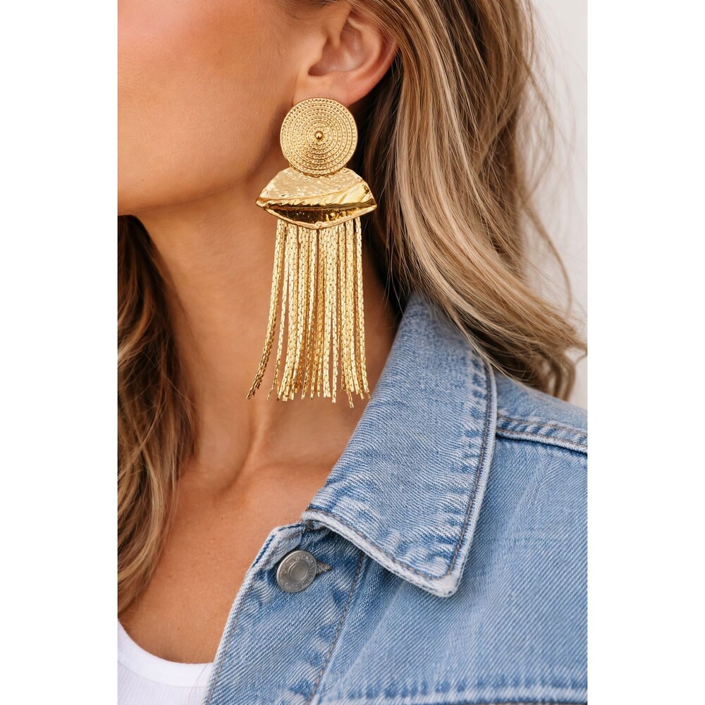 Vintage Gold Fringe Statement Earrings Hammered Disc Tassel Dangle Boho 80s